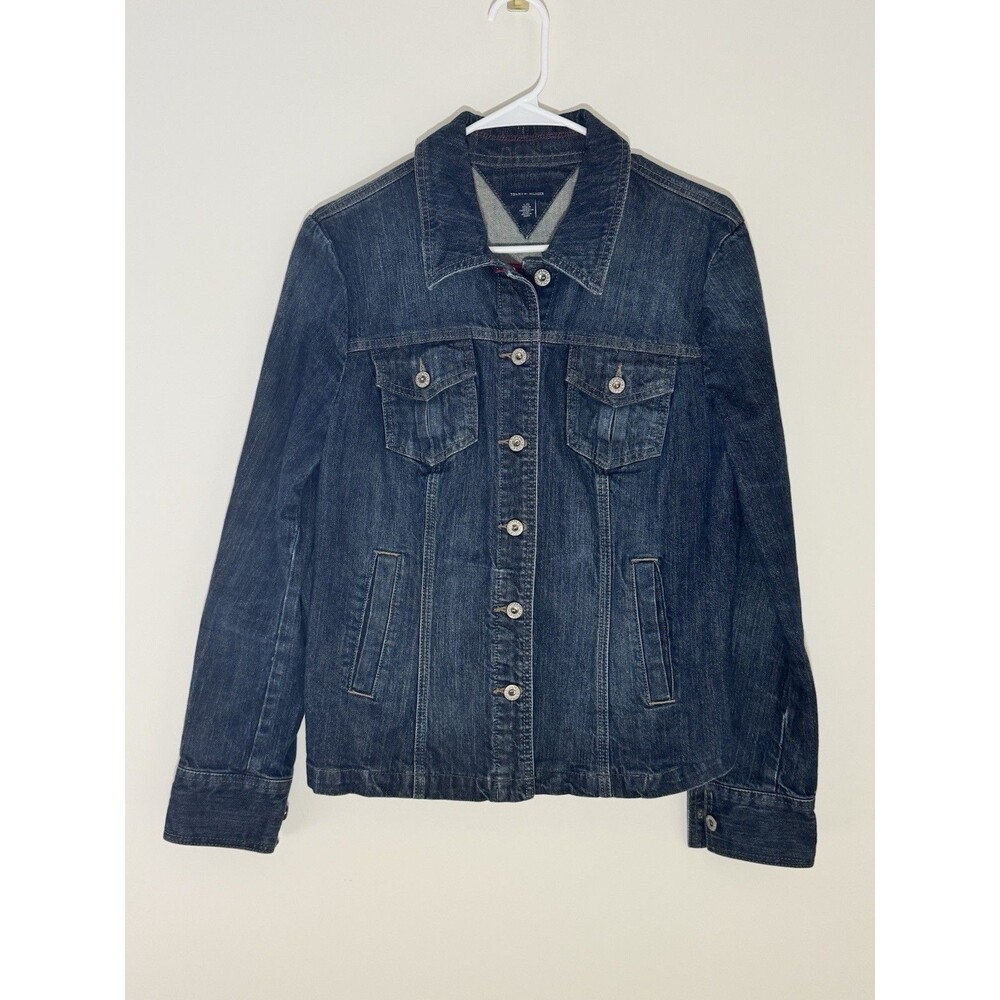 Tommy Hilfiger Women's Dark Wash Denim Trucker Jacket Size L Jean Classic